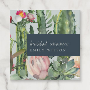 NAVY GREY FLORAL DESERT CACTI FAUNA BRIDAL SHOWER FAVOUR TAGS