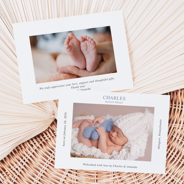 Navy Grey Minimalist Photo Baby Announcement Card (Creator Uploaded)