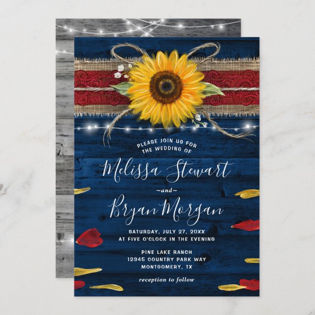 Navy Grey Red Rose Sunflower Rustic Wood Wedding Invitation (Front/Back)