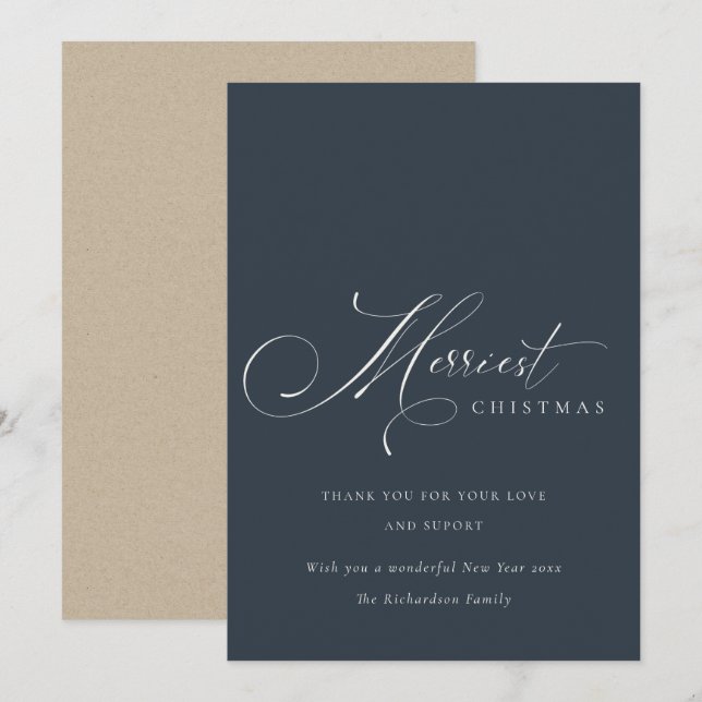 Navy Grey Script Merriest Christmas Greeting Holiday Card (Front/Back)