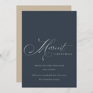 Navy Grey Script Merriest Christmas Greeting Holiday Card