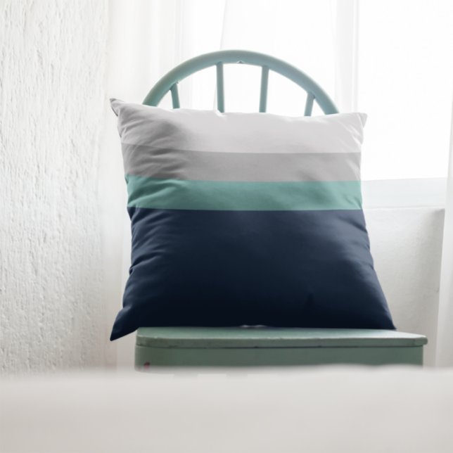Navy, Grey Teal Colorblock Stripes Throw Pillow (Creator Uploaded)