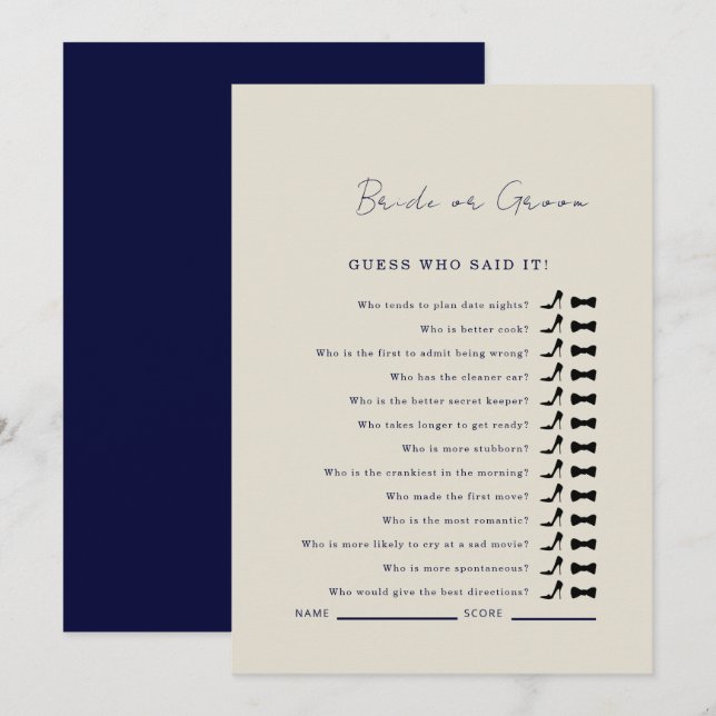 Navy Guess Who Said It Shower Game Invitation (Front/Back)