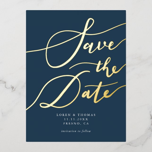 Navy Handwritten Calligraphy Save The Date Foil Invitation Postcard (Front)