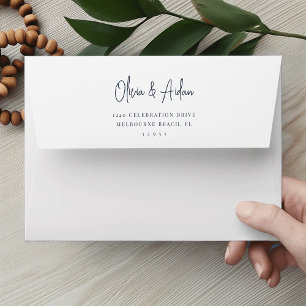 Navy Handwritten Script Wedding 5x7 Return Address Envelope