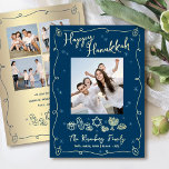 Navy Hanukkah 5 Photo Hand Drawn Doodles Real Gold Foil Holiday Card<br><div class="desc">“Happy Hanukkah.” It's that time to touch base with your family and friends to celebrate Hanukkah and usher in the festival of lights. On the front, fun, whimsical real gold foil handwritten script typography and real gold foil hand drawn Hanukkah icon doodles, along with the photo of your choice, overlay...</div>