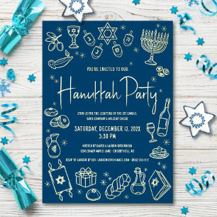 Navy Hanukkah Hand Drawn Doodles Playful Real Gold Foil Holiday Card