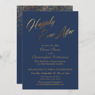 Navy Happily Ever After Gold Confetti Reception Invitation