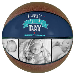 Navy Happy 1st Father’s Day Turquoise Banner Bold Basketball
