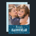 Navy Happy Hanukkah Photo Fun Typography Modern Holiday Card<br><div class="desc">“Happy Hanukkah.” Fun, playful, whimsical handcrafted typography along with a random Star of David pattern in dusty blue all overlaying midnight navy blue hand drawn lines on a dark teal blue background, along with a photo of your choice, help you usher in Hanukkah. Hand drawn turquoise lines overlay a light...</div>