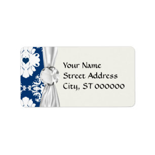 navy hearts blue white damask label