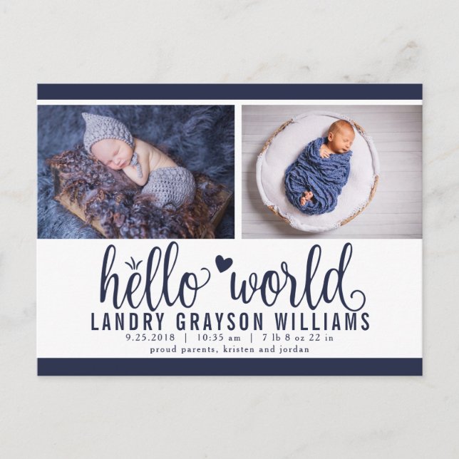 Navy Hello World Photo Birth Stat Announcement (Front)