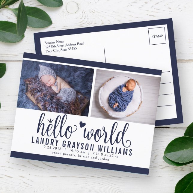 Navy Hello World Photo Birth Stat Announcement Postcard (Creator Uploaded)