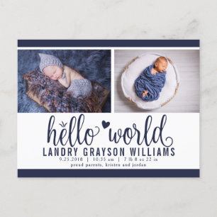 Navy Hello World Photo Birth Stat Announcement Postcard