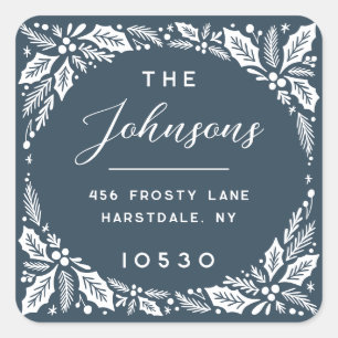 Navy Holly Berry Holiday Return Address Square Sticker