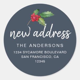 Navy Holly New Address Holiday Classic Round Sticker
