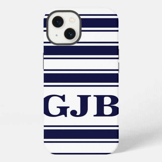 Navy Horizontal Stripe with Monogram iPhone Case (Back)