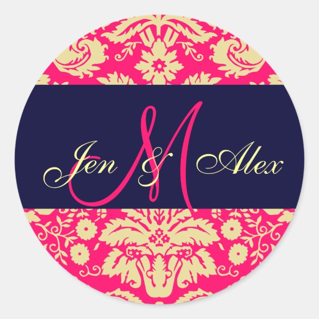 Navy & Hot Pink Monogram Damask Wedding Seal (Front)
