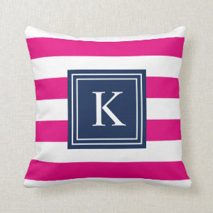 Navy & Hot Pink Monogram Striped Throw Pillow