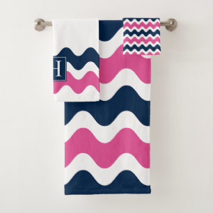 Navy & Hot PInk Preppy Ric Rac Stripe Bath Towel