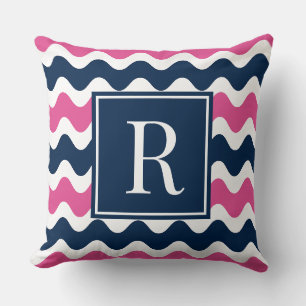 Navy & Hot Pink Preppy Ric Rac Stripe Monogram  Throw Pillow