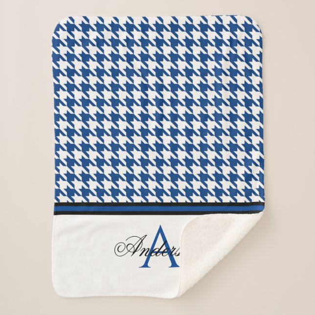 Navy Houndstooth Personalized  Sherpa Blanket (Front)