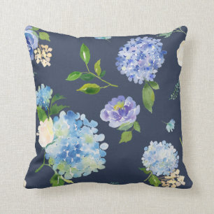 Navy Hydrangea Floral Deco Throw Pillows