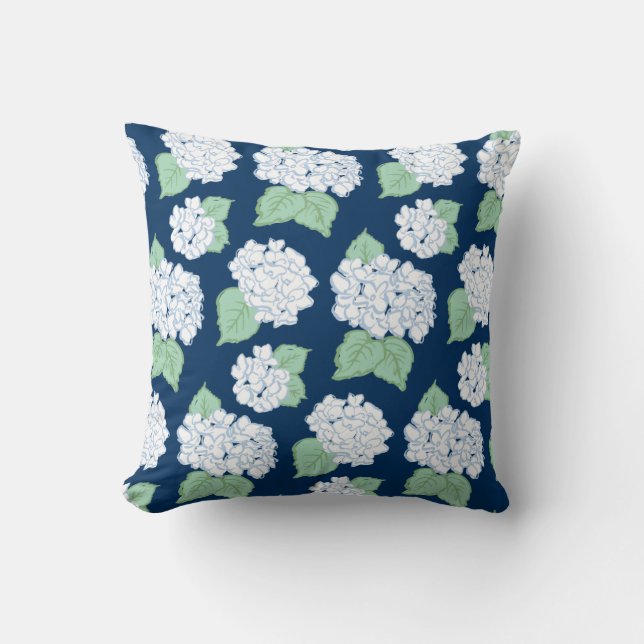 Navy Hydrangeas Throw Pillow (Front)