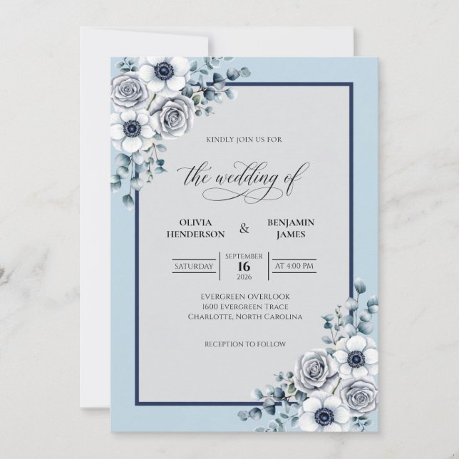 Navy Ice Bloom Wedding Invitation (Front)