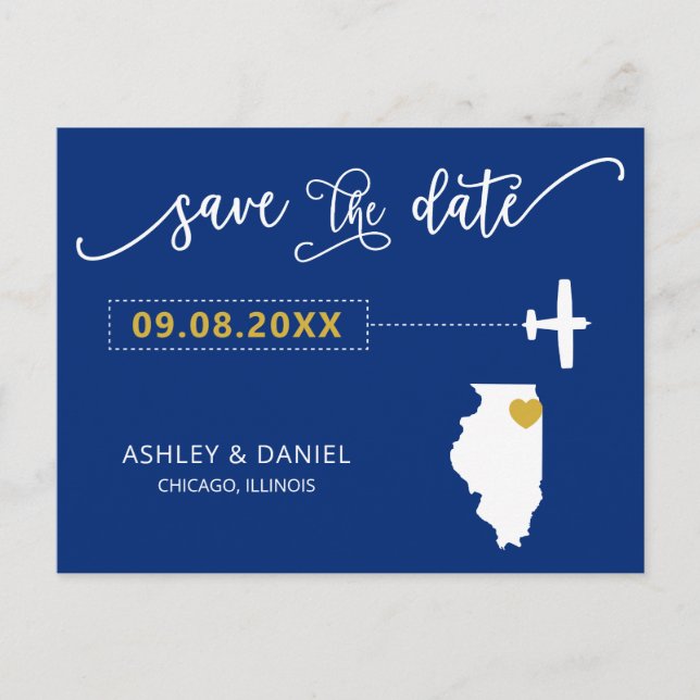 Navy Illinois Wedding Save the Date Map Postcard (Front)