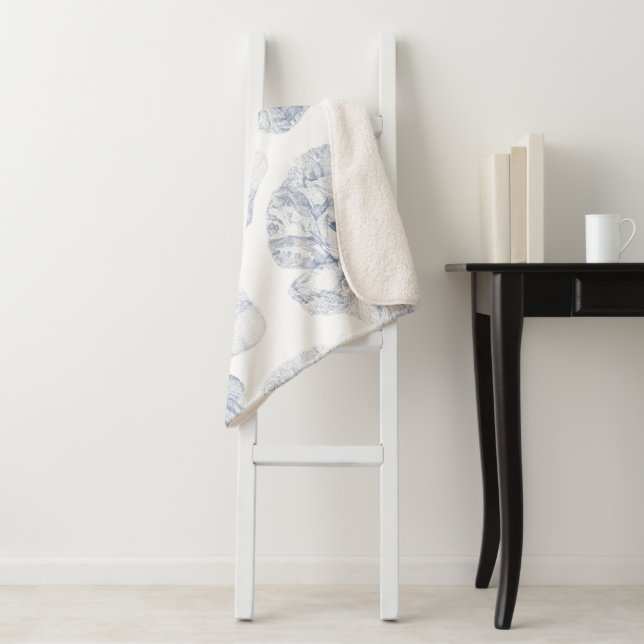 Navy Illustrated Poppy Flower Sherpa Blanket (In Situ)