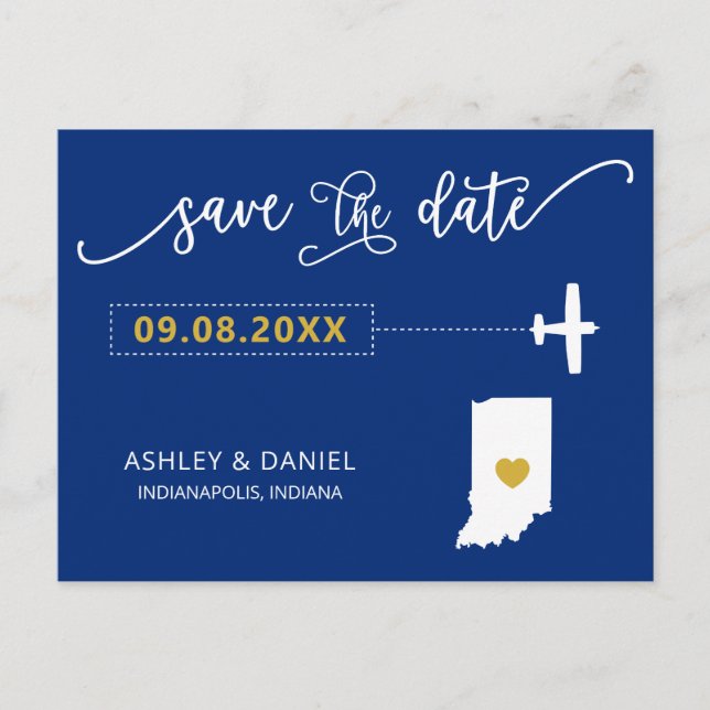 Navy Indiana Wedding Save the Date Map Postcard (Front)
