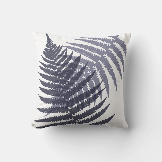 Navy Indigo Blue Fern Leaf Pattern Throw Pillow (Front)