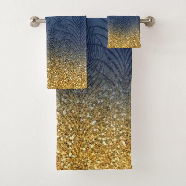 Navy Indigo Blue Glitter Gold Feather Personalized Bath Towel Set (Insitu)