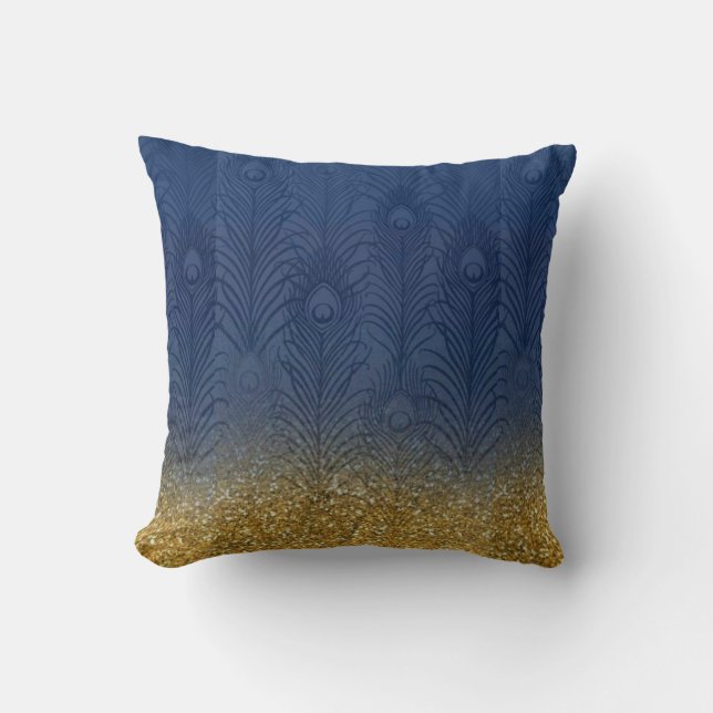 Navy Indigo Blue Glitter Gold Peacock Feather Throw Pillow (Front)