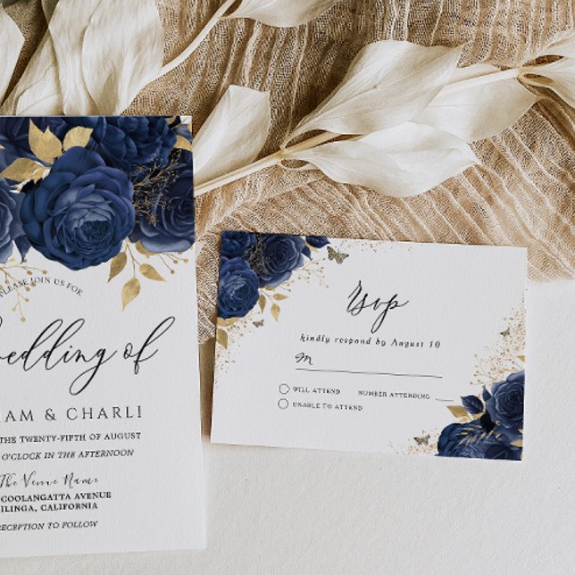 Navy Indigo Blue & Gold Floral Wedding RSVP Card (Creator Uploaded)