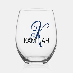 Navy Indigo Elegant Initial Black Name Modern Stemless Wine Glass