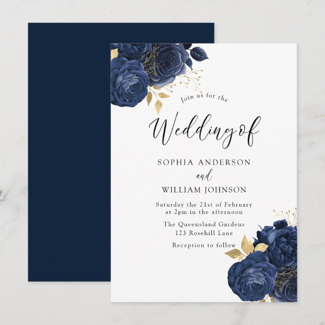 Navy Indigo Flowers Elegant All Seasons Wedding Invitation (Front/Back)
