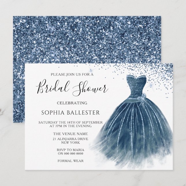 Navy Indigo Glitter Dress Gown Bridal Shower Invitation (Front/Back)