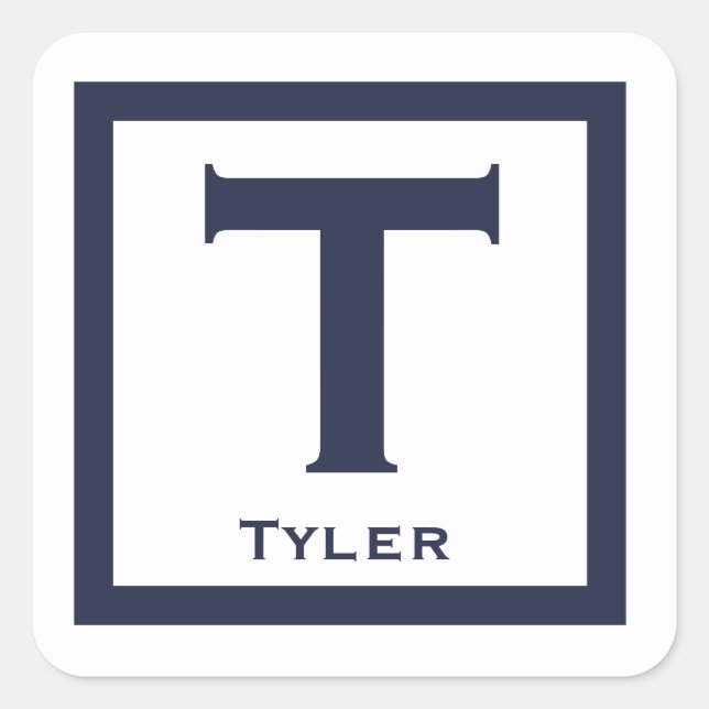 Navy Initial Name Kids Boy Party Back to School Square Sticker (Front)