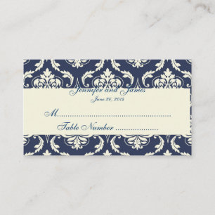 Navy Ivory Damask Wedding Table Place Card