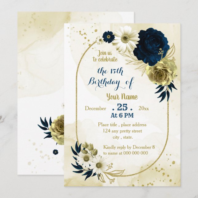 Navy ivory floral gold geometric birthday party invitation (Front/Back)