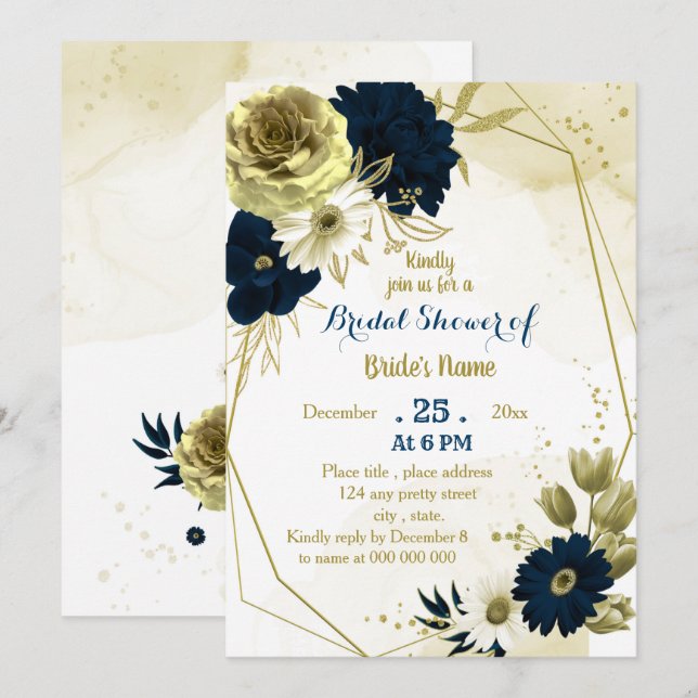Navy ivory floral gold geometric bridal shower invitation (Front/Back)