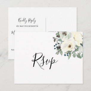 Navy Ivory Floral RSVP Postcard with Meal Choice