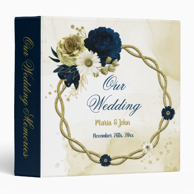 navy ivory gold floral wreath wedding photo album binder (Front/Spine)