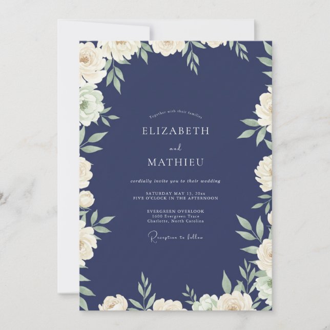 Navy Ivory Leafy Wedding Invitation (Front)