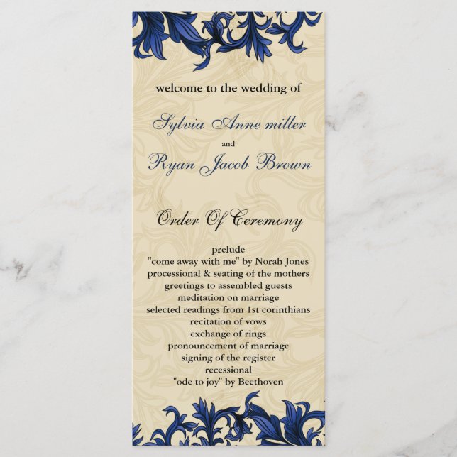 Navy ivory Vintage Flourish Wedding Program (Front)