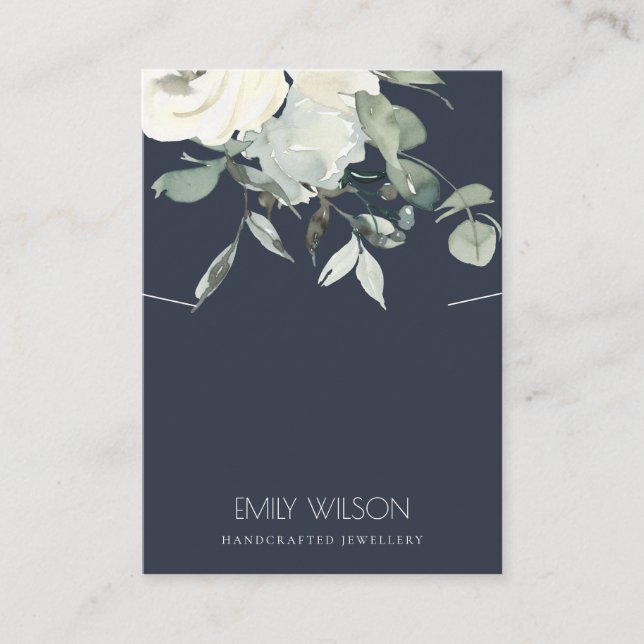 NAVY IVORY WHITE FLORAL BUNCH NECKLACE DISPLAY BUSINESS CARD (Front)