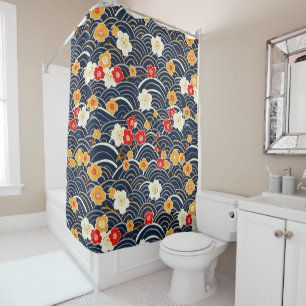 Navy Japanese Wave Plum Blossom Floral Pattern