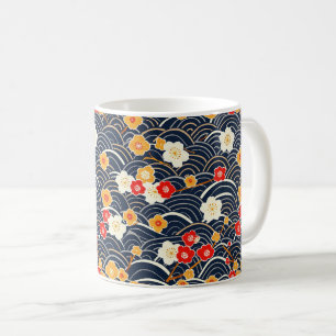 Navy Japanese Wave Plum Blossom Floral Pattern Coffee Mug
